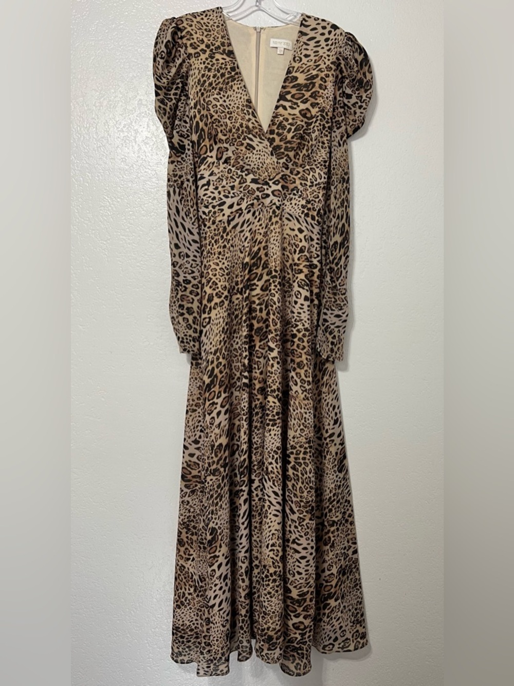 Ronny Kobo Leopard Print Midi Dress Puff Sleeve Deep V Waist Tie Glam Statement